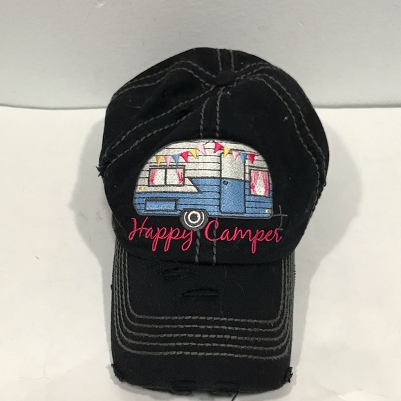 KBETHOS Accessories - Happy Camper Embroidered Distressed Strapback Cap